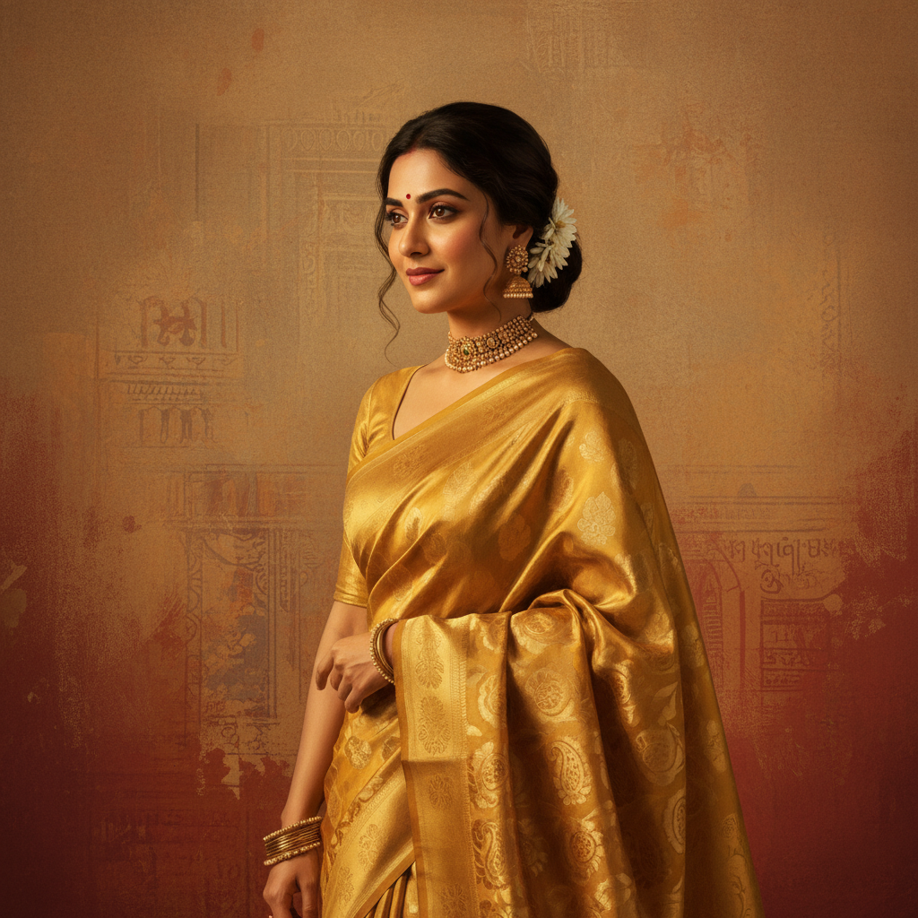 Nano Banana Bollywood Retro Saree — Banarasi Gold retro image prompt sample