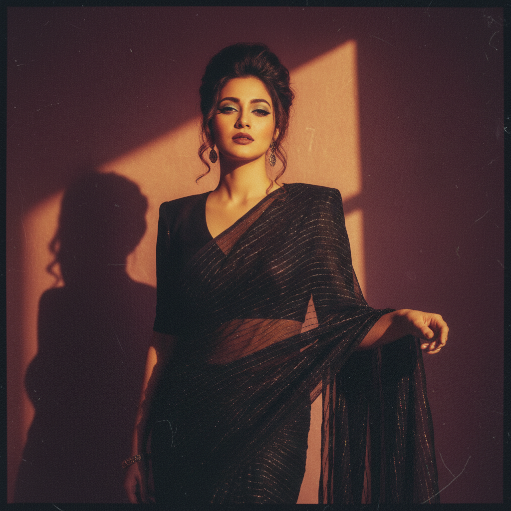 Nano Banana Bollywood Retro Saree — Black Chiffon retro image prompt sample