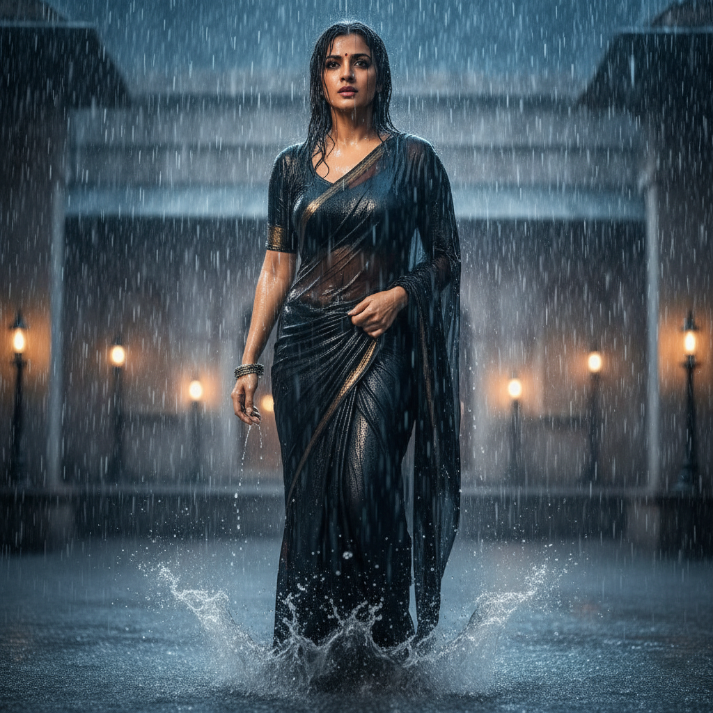 Bollywood Retro Saree — Monsoon Rain 复古提示词示例渲染