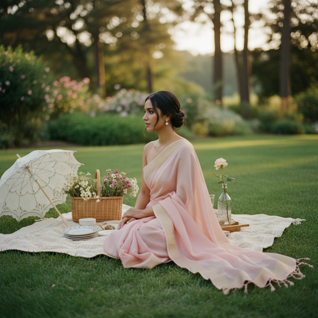 Bollywood Retro Saree — Pastel Picnic 复古提示词示例渲染