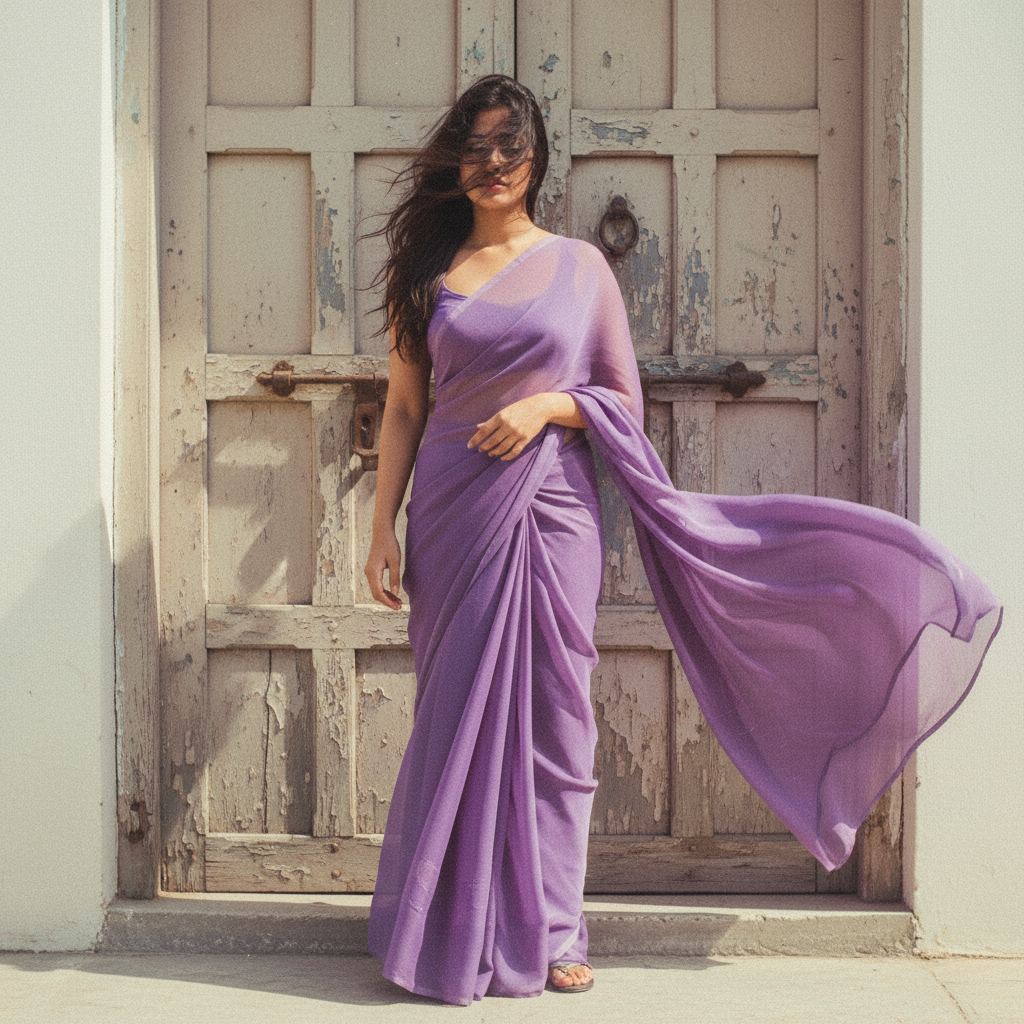 Nano Banana Bollywood Retro Saree — Purple Chiffon retro image prompt sample