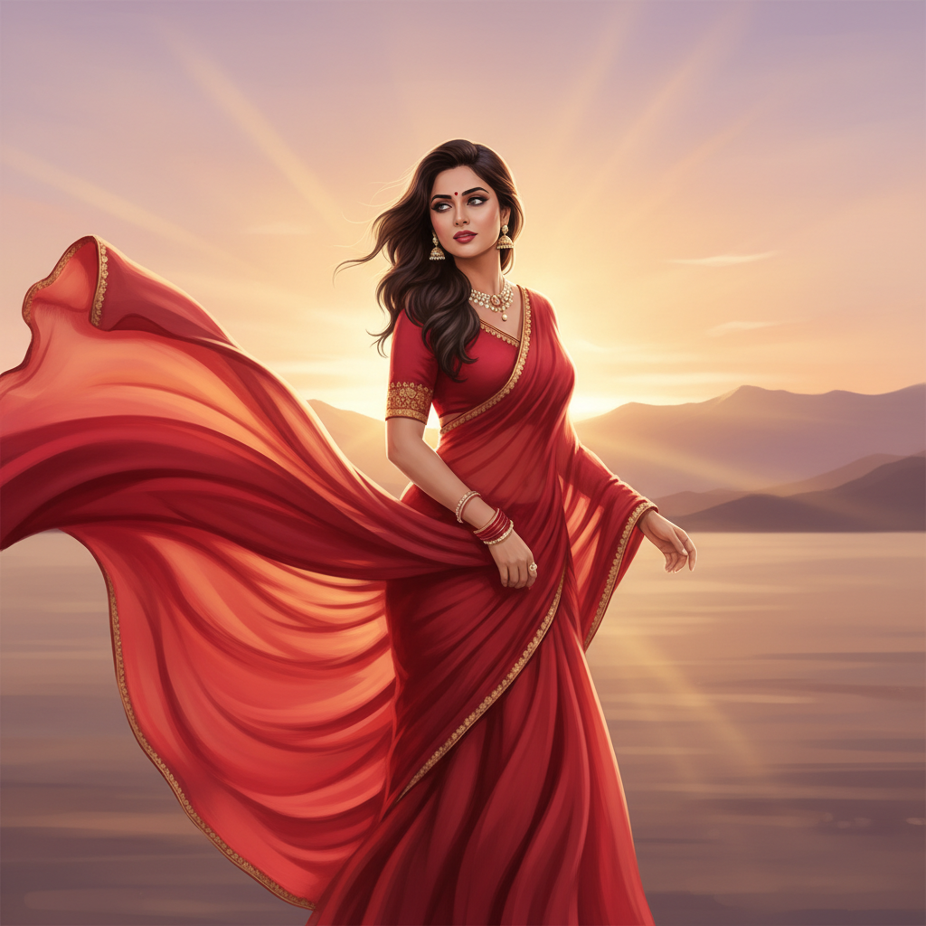 Nano Banana Bollywood Retro Saree — Red Chiffon retro image prompt sample