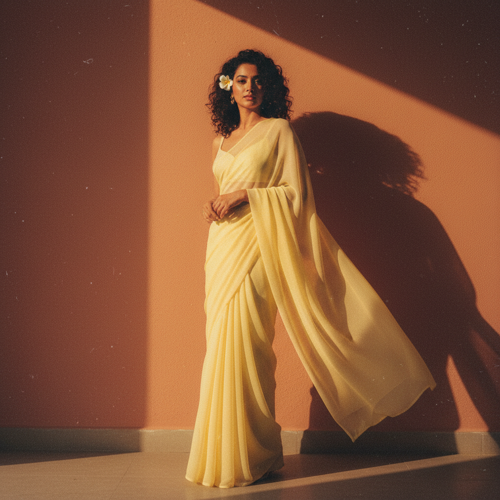 Nano Banana Bollywood Retro Saree — Yellow/Pastel Chiffon retro image prompt sample