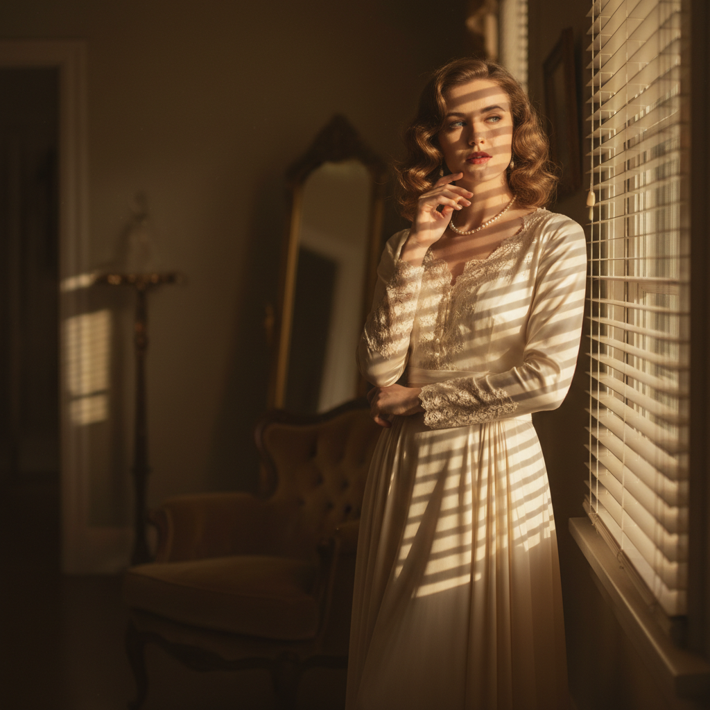Cinematic Retro Portrait — Window-Blinds Glow 复古提示词示例渲染