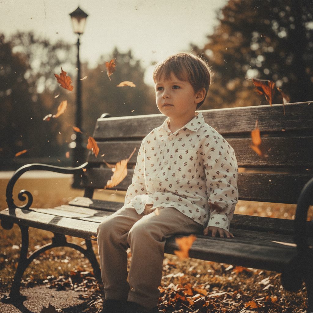 Lo-fi Retro Editorial — Bench Portrait (Boy) 复古提示词示例渲染