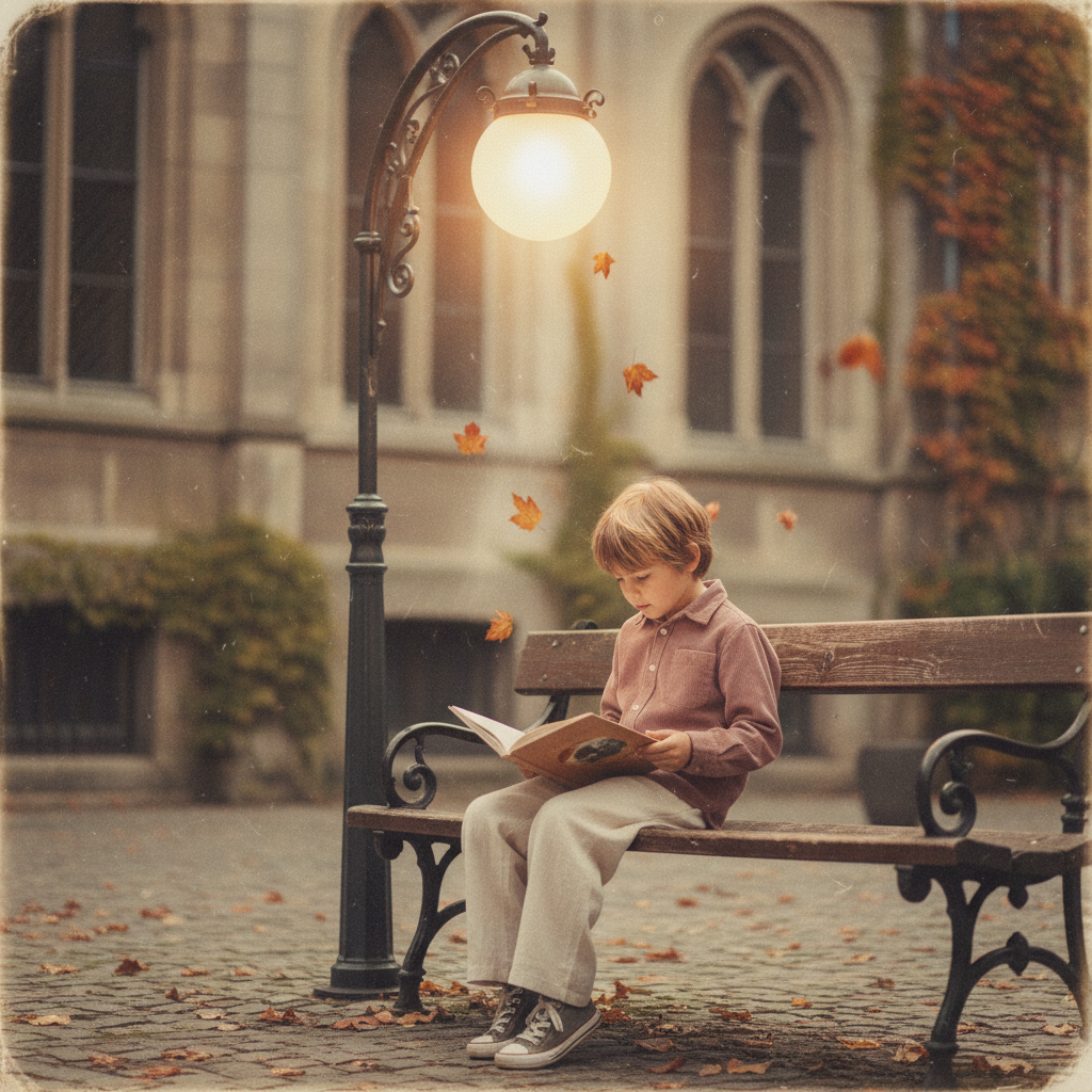 Nano Banana Lo-fi Retro Editorial — Streetlight Reader (Boy) retro image prompt sample
