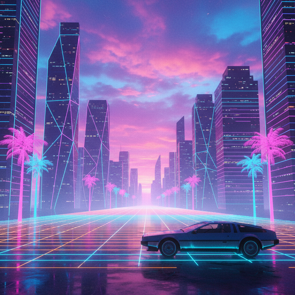 Nano Banana Synthwave — Neon Grid City retro image prompt sample