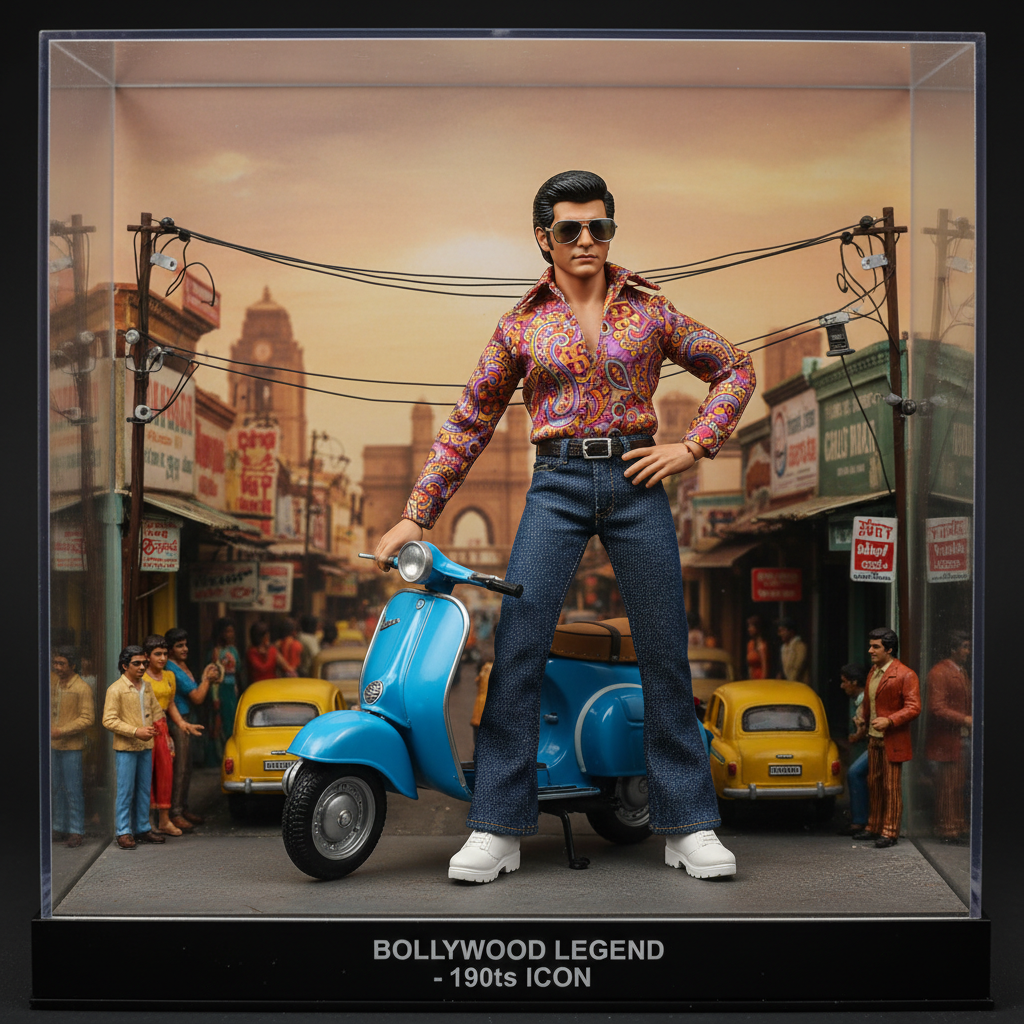 Nano Banana 3D Figurine — Indian Film Hero + Scooter retro image prompt sample