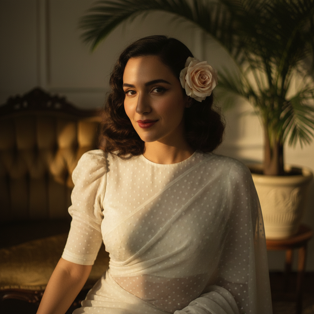 Bollywood Retro Saree — White Polka-Dot